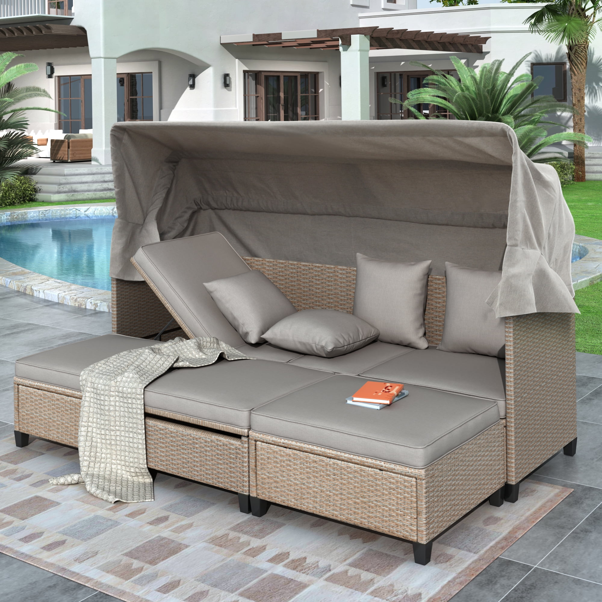 Syngar 4 Pieces Patio Wicker Furniture Outdoor Daybed Sunbed With