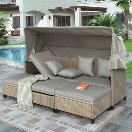 4 Piece Outdoor Daybed, PE Rattan Patio Daybed, Patio Sofa Set with Retractable Canopy, Cushions and Lifting Table, Patio Bed Furniture for Garden, Backyard, Brown