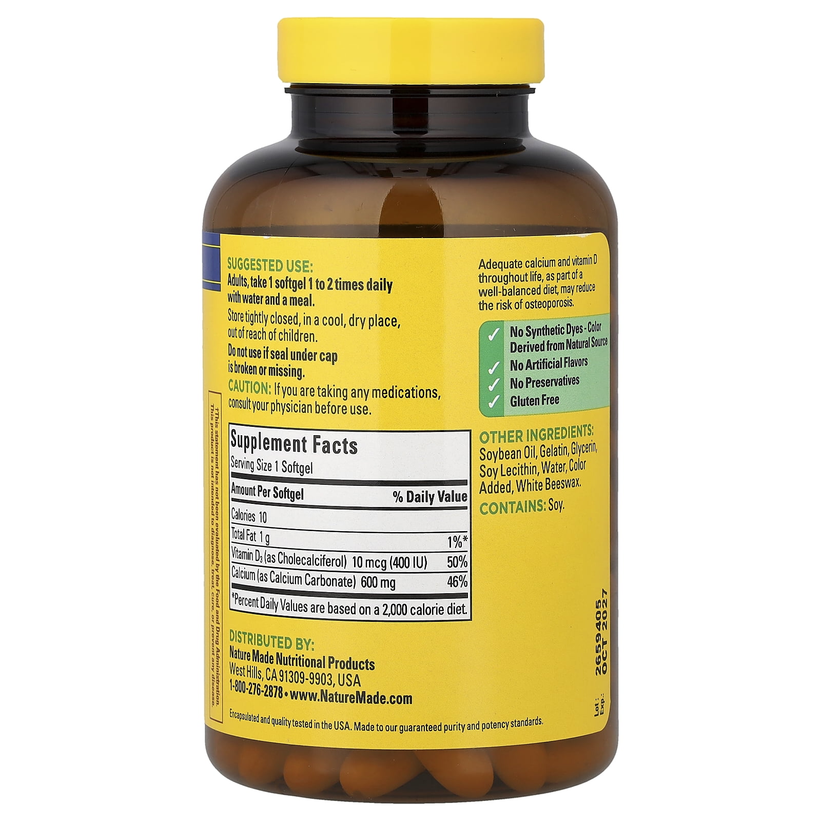 (2 pack) Nature Made Calcium 600 mg with Vitamin D3 Softgels, Dietary Supplement, 100 Count