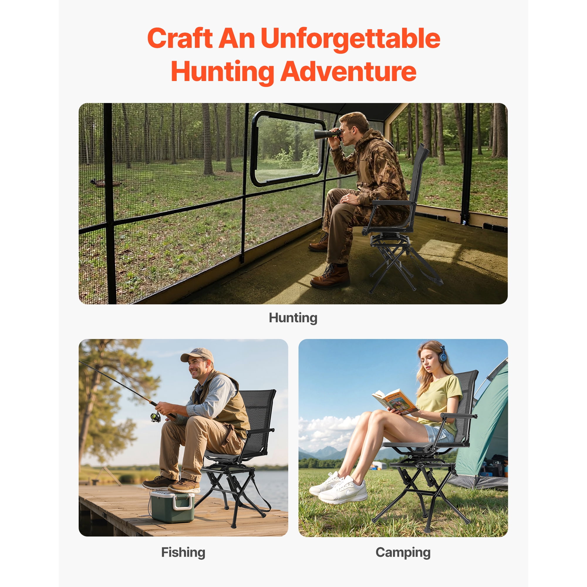 KFFKFF Hunting Chair with 360° Quiet Swivel, Foldable and Lightweight Portable Blind Seat, Durable Steel Frame Ground Stool with Armrests, Adjustable Carry Strap, Supports Up to 300 Lbs