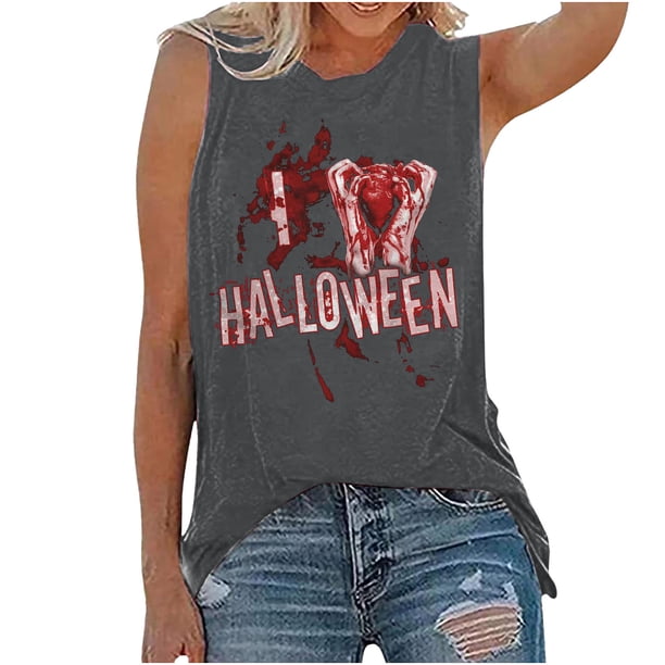 Camiseta sin mangas de Halloween para mujer, camiseta sin mangas con estampado gráfico divertido de playa de verano para adultos, blusa Fridja gh1033