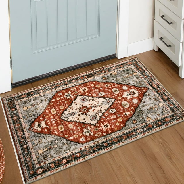 Lahome Tapis Boho Tribal pour Aire - 2x3 Petits Tapis Orientaux Rouges pour Entrée de Chambre, Tapis de Salle de Bain Doux Lavable Antidérapant pour Intérieur, Jeté pour Buanderie, Vestibule, Chevet, Salon