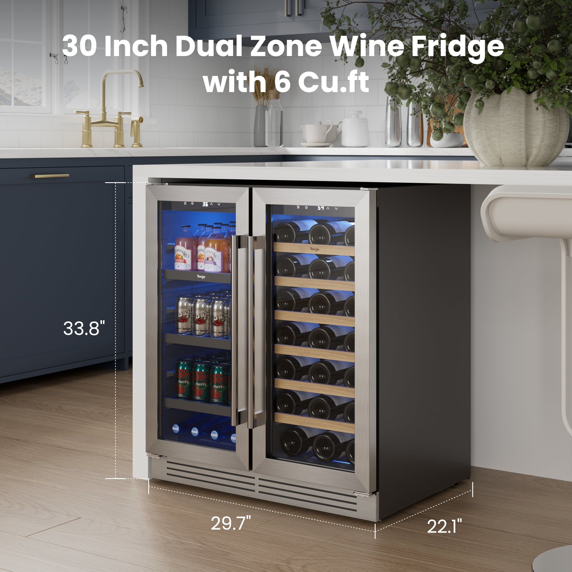 Yeego 30 inch Wine and Beverage Cooler Refrigerator, Hold 80 Cans and 33 Bottles Dual Zone Wine Fridge with French Door, Built-in or Freestanding