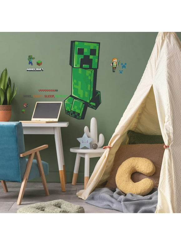 RMK5360GM Minecraft Creeper Giant Peel and Stick 12 Wall Decals, Green, Black Video Game Stickers