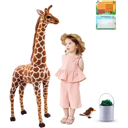 brinjoy giant giraffe stuffed animal set 47 inch large lifelike plush giraffe toy with bird&basket&leaves&card standing giraffe for kids