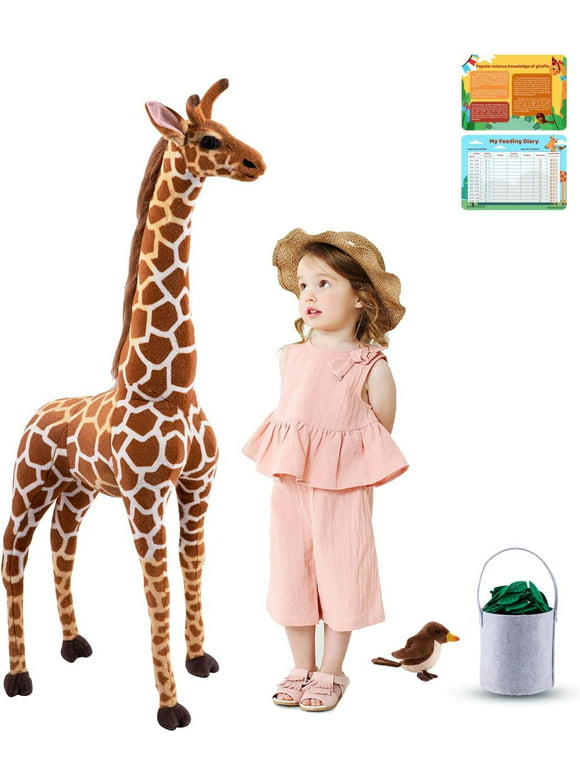 BRINJOY Giant Giraffe Stuffed Animal Set, 47 Inch Large vivid Plush Giraffe Toy with Bird&Basket&Leaves&Card, Standing Giraffe for kids