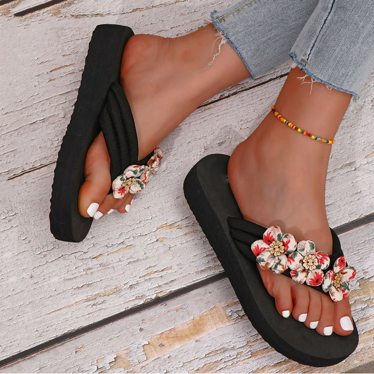 Aayomet Summer Slippers For Women Ladies Flip Flops Open Toe Flowers  Bohemian Sandals Casual Shoes Fancy Flip Flops for Women,Black 7.5