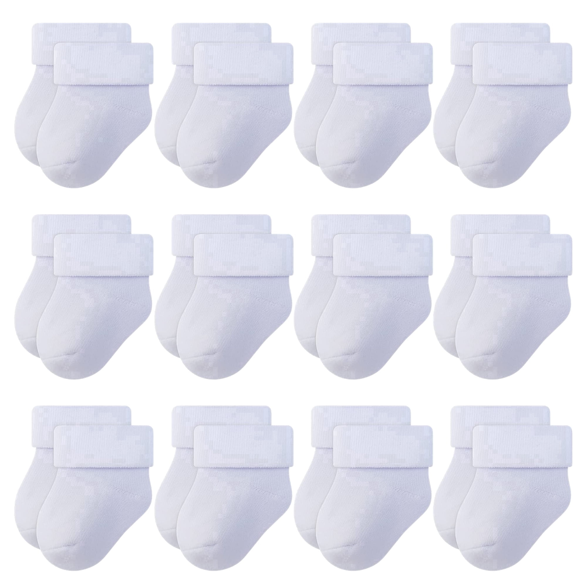 RATIVE Thick Terry Turn Cuff Newborn Socks for Baby Boys and Girls, White, 0-6 Months, 12 Pairs