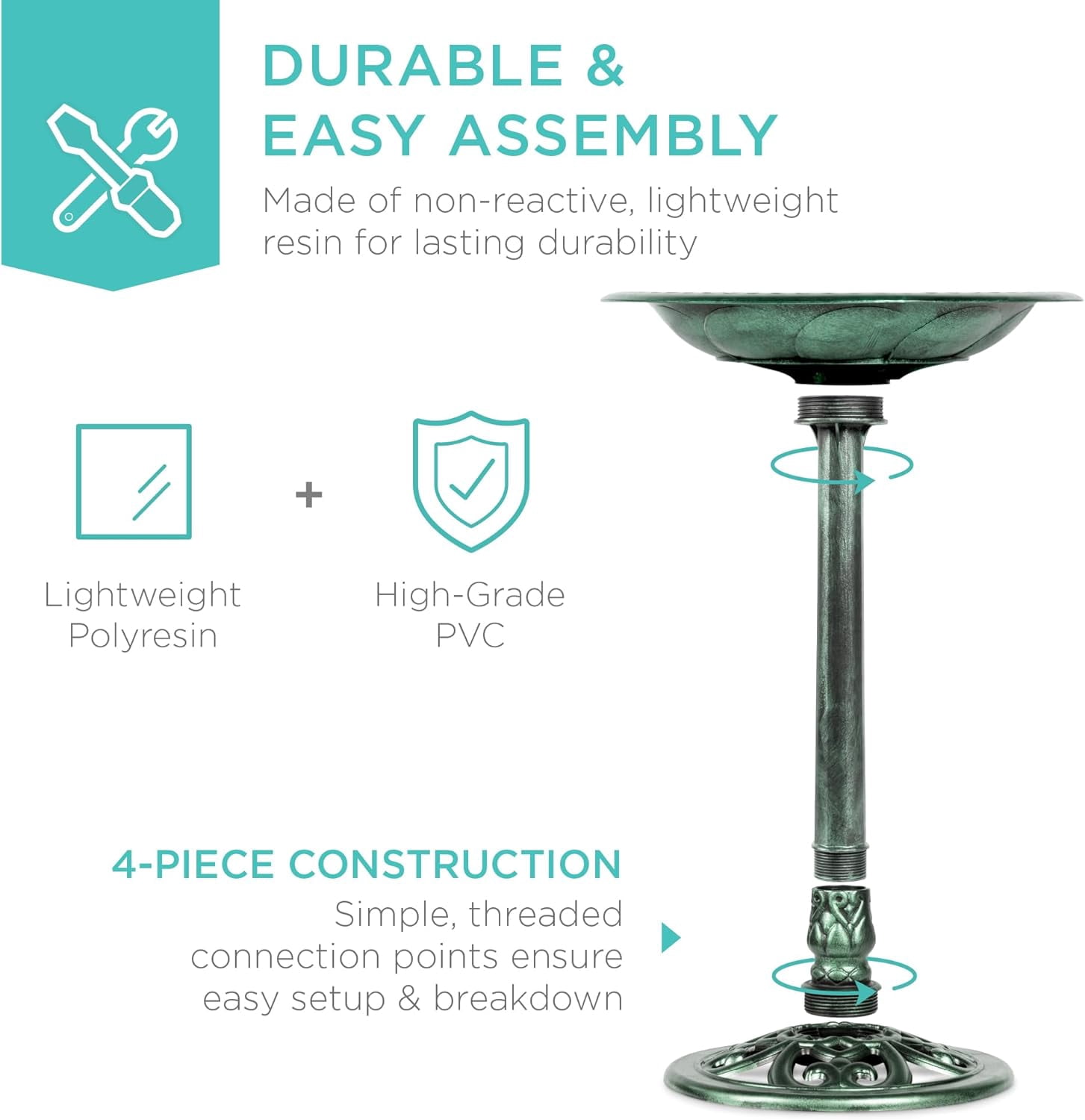 HJTER 28in Pedestal Bird Bath, Vintage Outdoor Resin Accent Decoration w/Fleur-de-Lis Accents - Mint Green