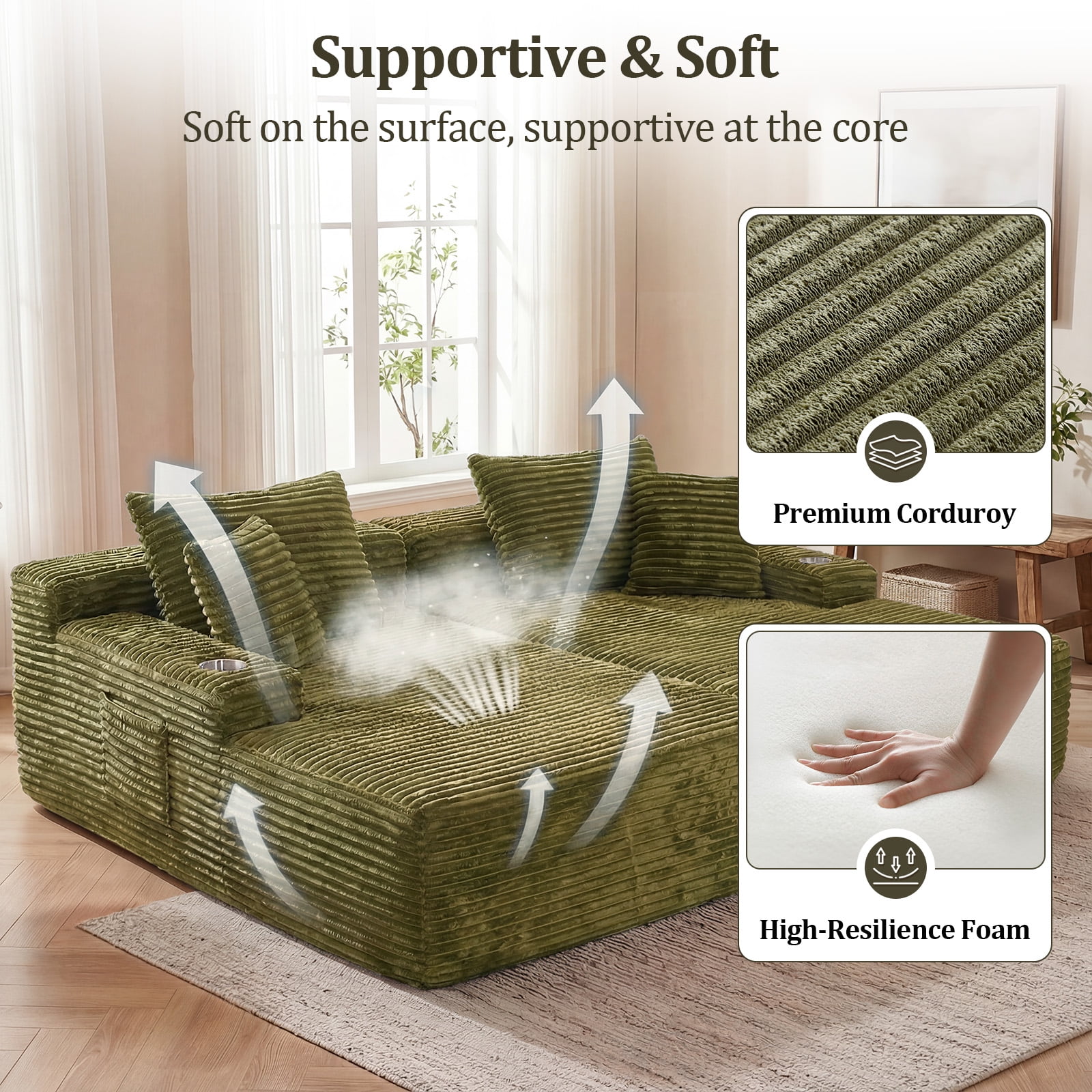 IPKIG Green Corduroy 85" Double Chaise Sofa Bed, No-Assembly-Required Oversized Loveseat with Boneless Cloud Sleeper Design