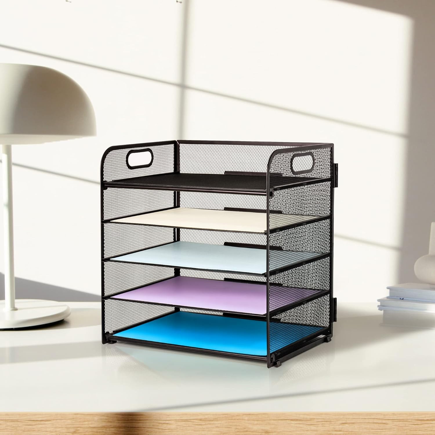 INTIGE 5 Trays Paper Organizer with Handle - Mesh Desk File/Letter Organizer,Black Paper Sorter for Office, Home