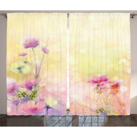 Watercolor Flower Home Decor Curtains 2 Panels Set Vintage Soft