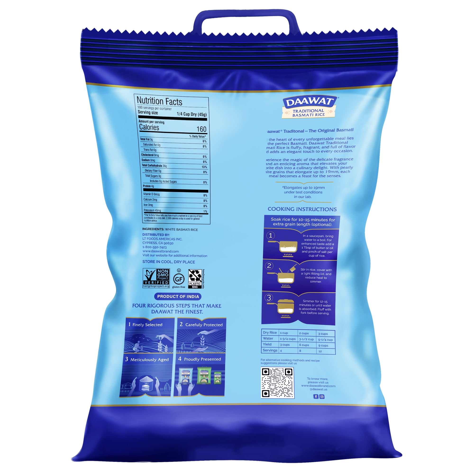 Daawat Traditional Basmati White Rice - Authentic Long Grain Basmati Rice - Non-Sticky, Fluffy, Nutty, Aromatic Rice, Vegan Food, Healthy Meals, Gluten-Free, 10 lb Bag