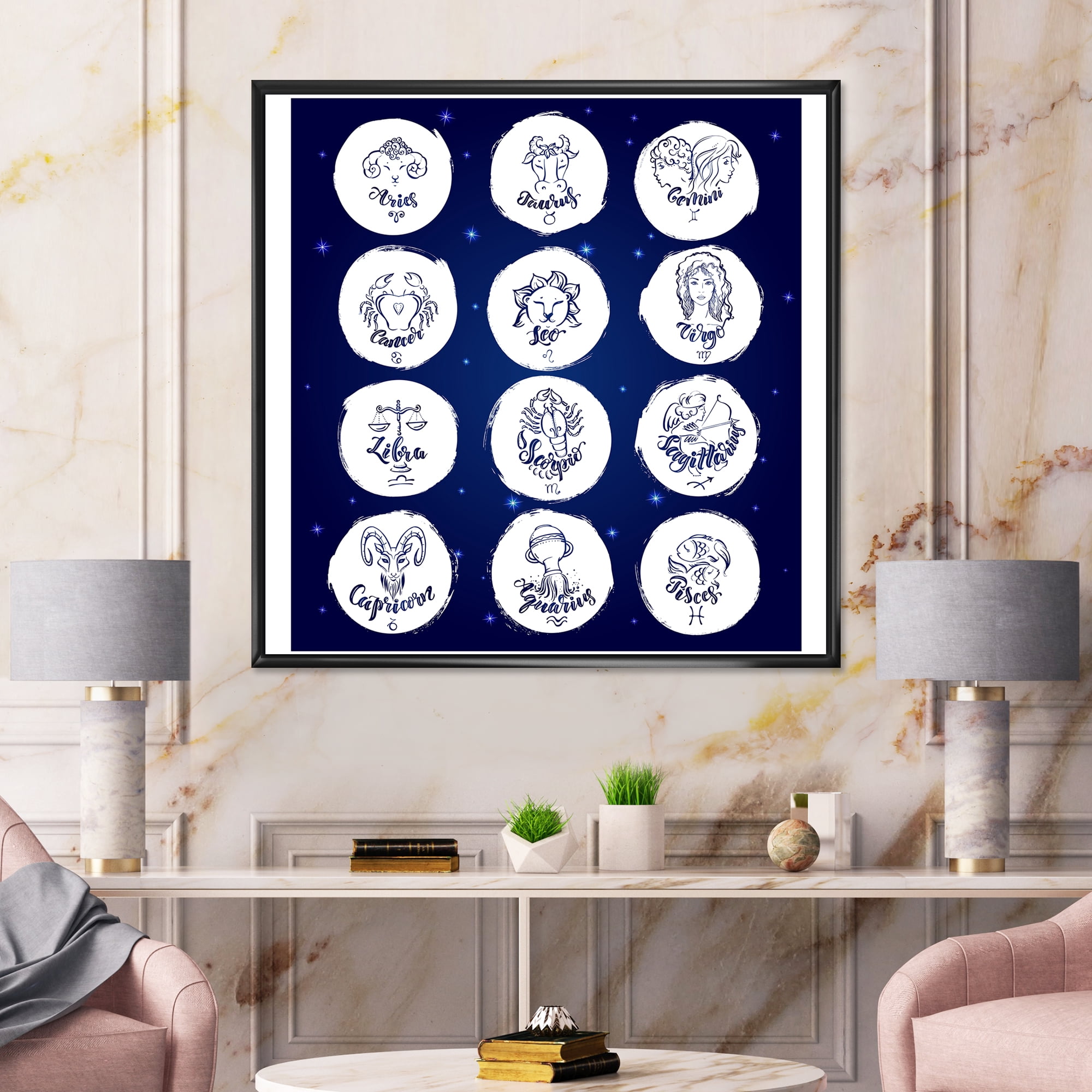 Designart 'Zodiac Diagram & Signs On Blue' Modern Framed Canvas Wall Art Print