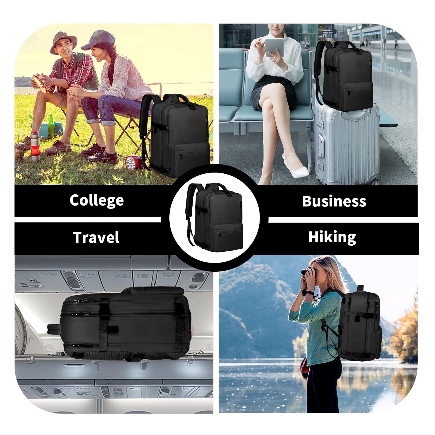 Travel Backpack for Women, 15.6 Inch Laptop Backpack with USB Charging Hole, College Bookbag, Large Capacity Black Computer Backpacks for Work