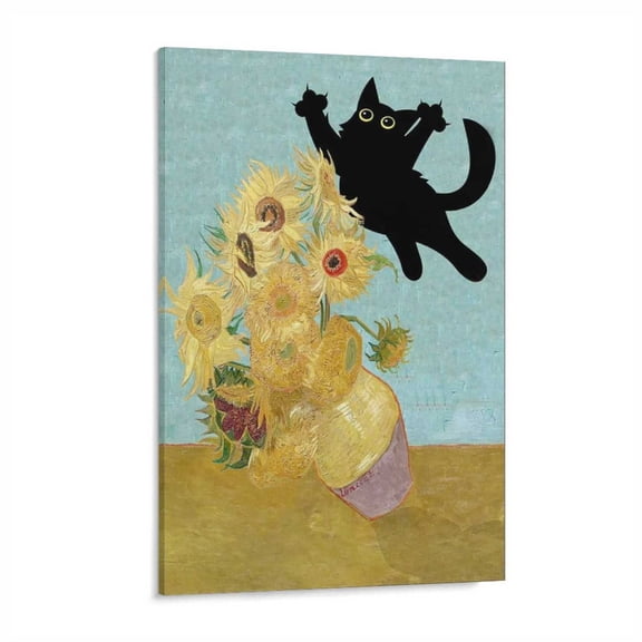 AIOE Funny Black Cat Art Poster Vintage Van Gogh Sunflower Cat Print Canvas Wall Art Cute Animal Room Aesthetic Prints Painting For Home Bedroom Dorm Wall Decor Frame: 16x24in
