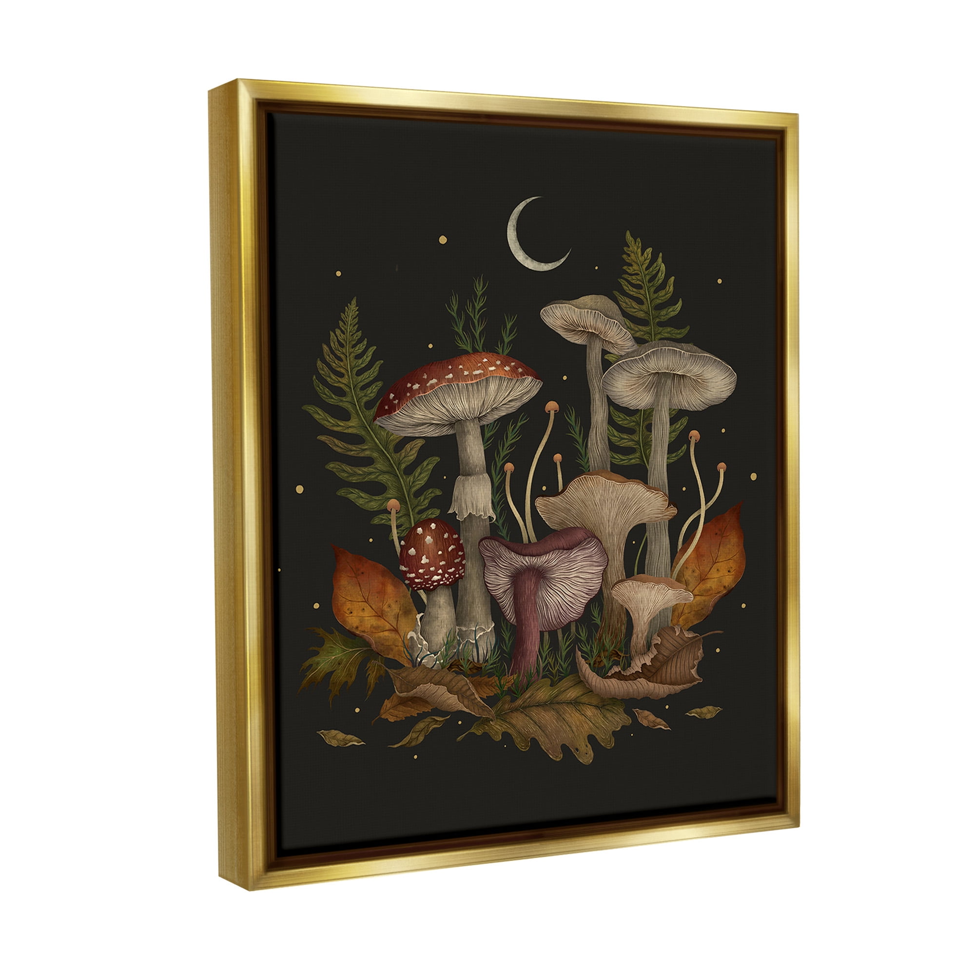 Stupell Industries Dark Mushrooms with Moon Botanical & Floral Painting Gold Floater Framed Canvas Art Print Wall Art, 17 x 21