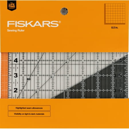 Fiskars 8.5in x 8.5in Square Sewing Ruler, Measuring Tool, Durable 3mm thick clear acrylic, Center 45-degree bias line
