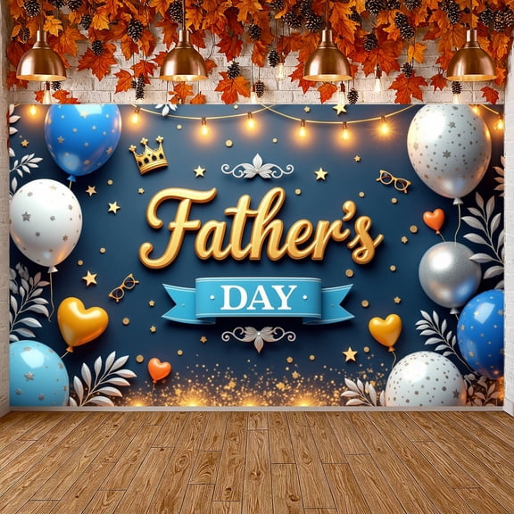 Navy Blue Background Father's Day Banner Golden Crown Backdrop Star Pattern Balloon Decor Heart Shaped Balloon Display for Father's Day Party Home Celebration Family Reunion