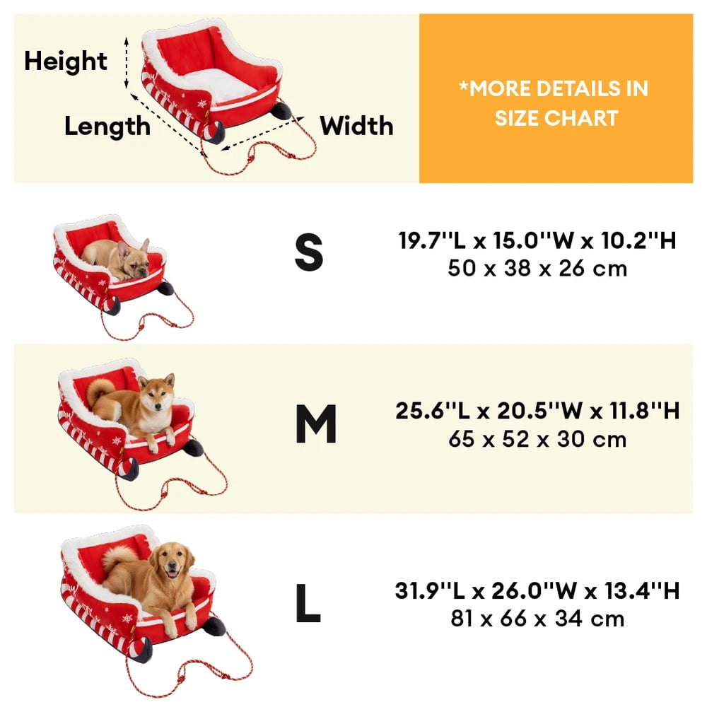 Santa Claus Sleigh Style Dog Bed, Christmas Paws Holiday Pet Bed with Non Slip Base, Calming Dogs Beds, Dogs Sleigh Beds Washable Long-Lasting