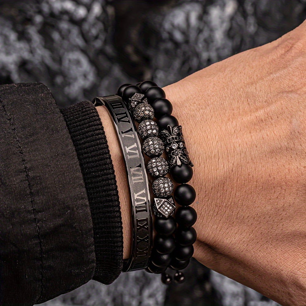Luxury charm bracelet for men - stainless steel inlaid cubic zirconia with Roman numerals, adjustable size 6.3"-8.2", fashion jewelry gift,Black