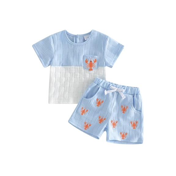 BemeyourBBs Toddler Baby Boys Summer Clothes Infant Baby Boy Crayfish Crab Outfits Jacquard Patchwork Short Sleeve T-Shirts and Lobster Crab Embroidery Elastic Waist Pockets Shorts Set