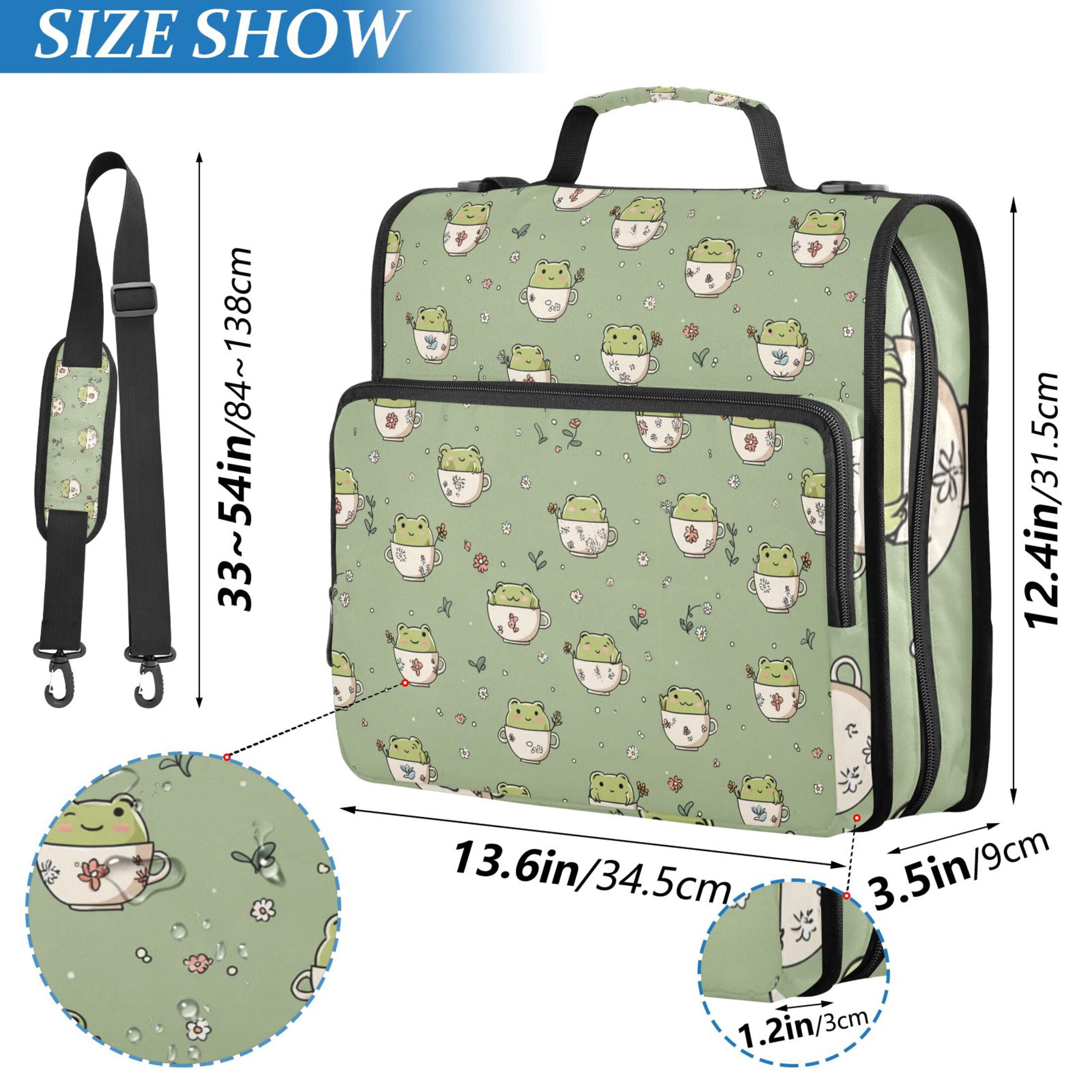 Zipper Binder Cute Frog with Flowers 1.5 Inch Binder Folder Bag with Shoulder Strap and Handle
