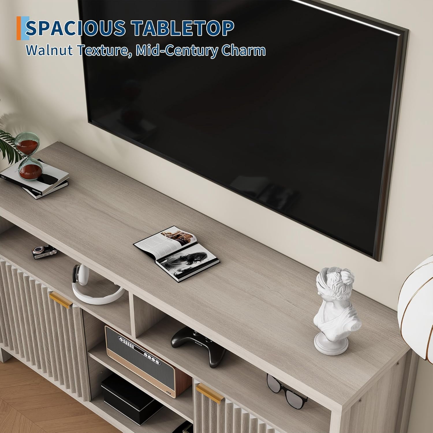 59" Fluted TV Stands for Living Room, Mid Century Modern Entertainment Center with Adjustable Shelves and Open Storage, TV Console for Bedroom, Apartment