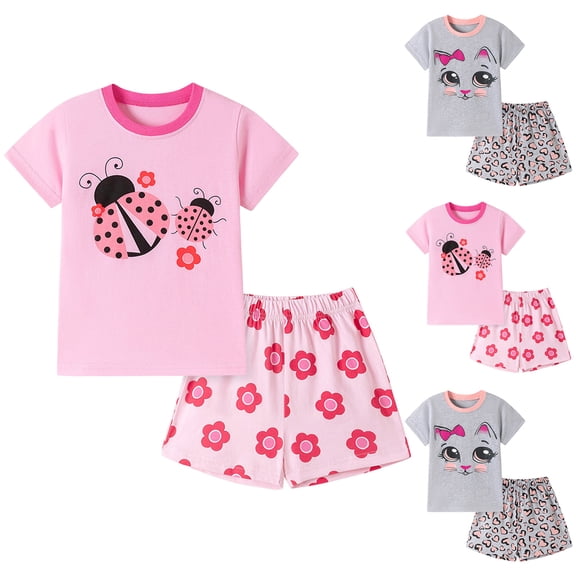 Pandaie 2-7Y Toddler Baby Girls Summer Outfits Cute Short Sleeve T-Shirts Tops Elastic Waist Floral Shorts Set Kids Two Piece Clothes Grey 2Y(2-3 Years)