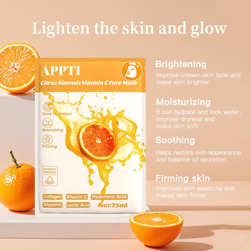 20PCS APPTI Citrus Sinensis Vitamin C Face Mask – Brightening & Revitalizing Treatment with Natural Citrus Extract for a Radiant, Even-Toned & Youthfully Glowing Complexion