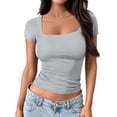 thumbnail image 2 of Gynyvoja Women'S Short Sleeve Tshirts Square Neck Cute Crop Tops Spring Summer Basic Tees Workout Going Out Light Flower Gray L, 2 of 9
