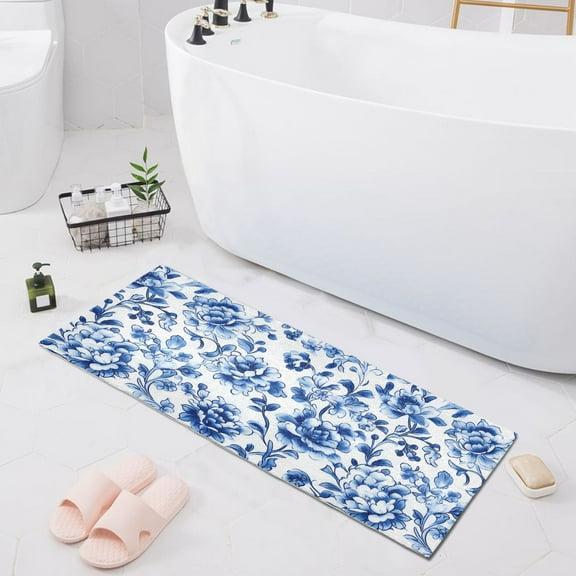 Blue and White Porcelain Floral Bath Mat 39x20 Non-Slip Bathroom Rugs Absorbent Soft Plush Quick Dry for Tub Shower Kitchen Home Decor