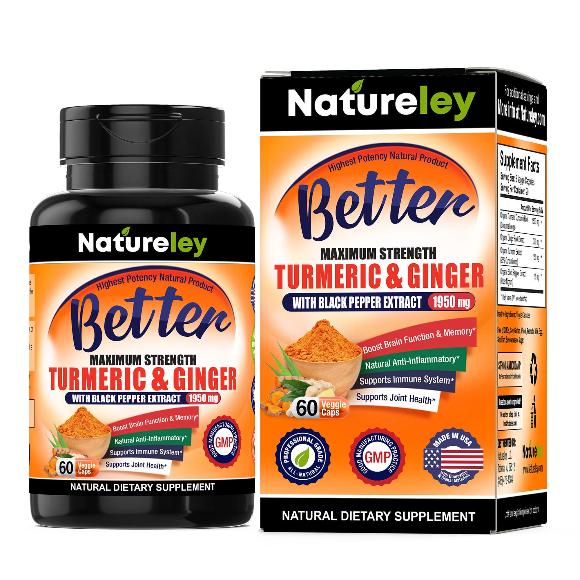 Organic Turmeric & Ginger Herbal Supplements Capsules with Black Pepper