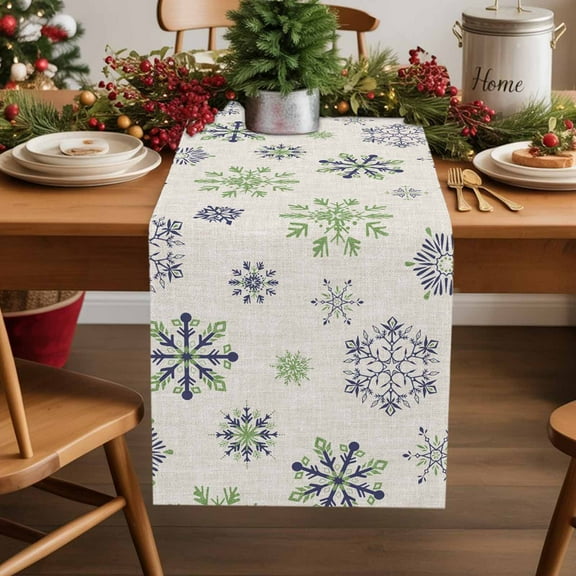 Christmas Snowflake Blue Snow Seamless Table Runner 13x70in Non-Slip Cotton Linen Table Runners, Abstract Art Retro Linen Dresser Scarves TableRunner for Dinner Kitchen Dining Wedding Party