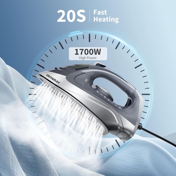 1700W Steam Iron with Non-Stick Ceramic Soleplate, Auto Shut-Off, Self-Cleaning, and 10.14oz Water Tank - Grey