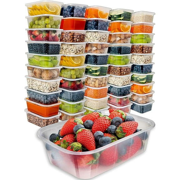 PrepNaturals 50 pack Plastic Food Storage Container 25 Oz 100% BPA-free - Reusable Plastic Containers with Lids