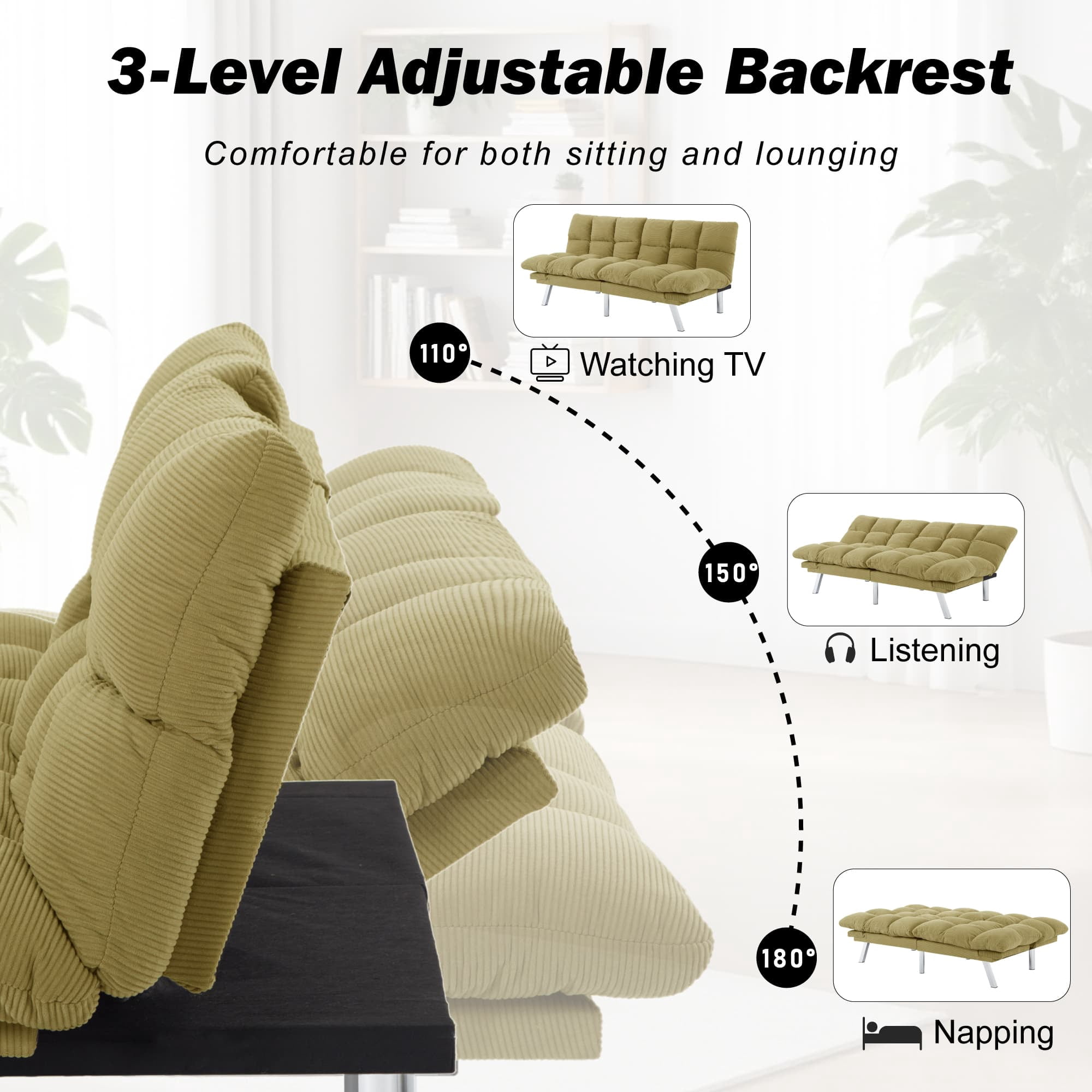 BSHTI Corduroy Futon Sofa Bed, 67.3" 3 in 1 Convertible Sofa Bed with Adjustable Armrests, Split-Back Design, Loveseat Sofabed for Apartment, Living Room, Office(Yellow)