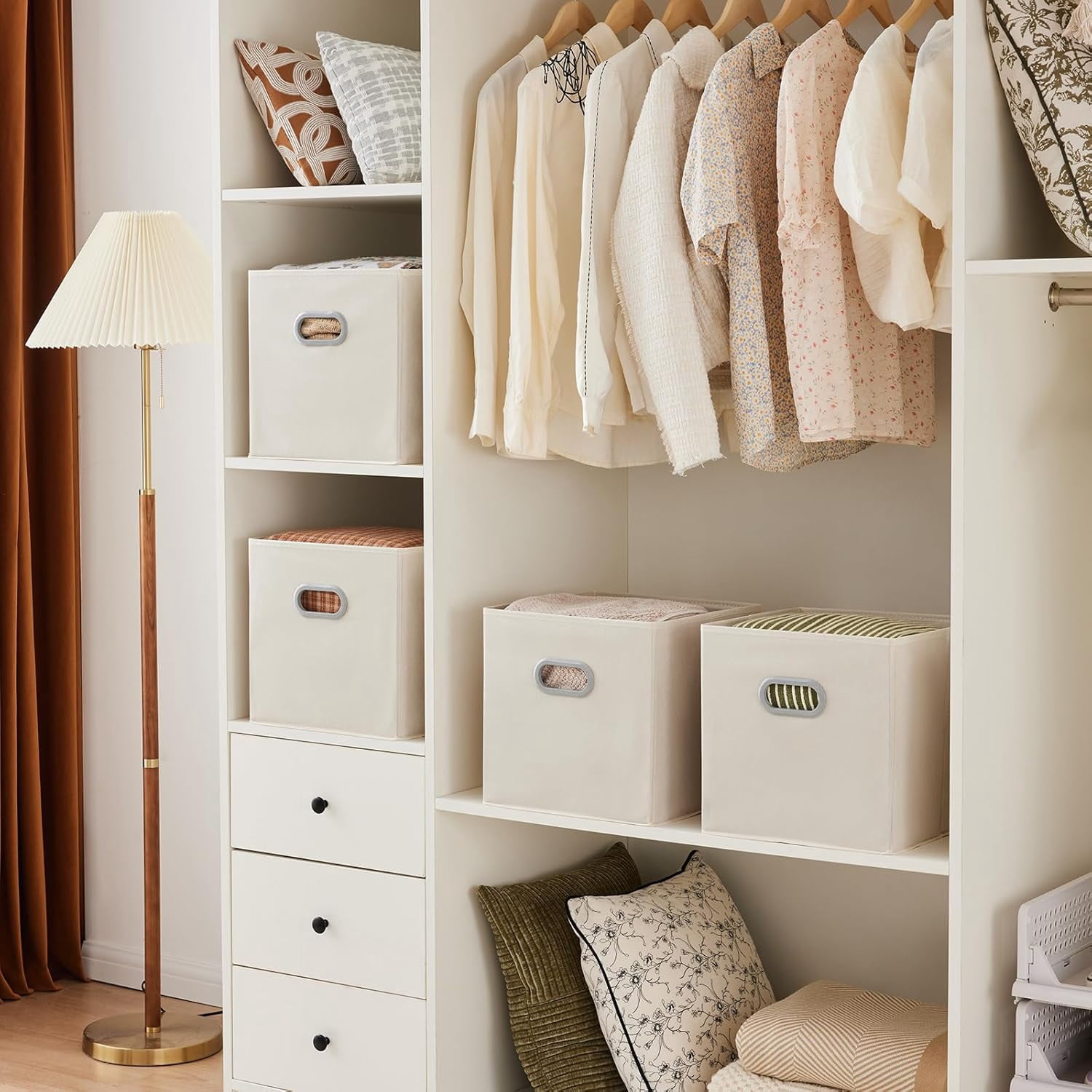 6 Pack Foldable Fabric Storage Bins with Handles - Ideal for Closet Organization, Bedroom and Nursery（ Beige, 12"x12"x12"）