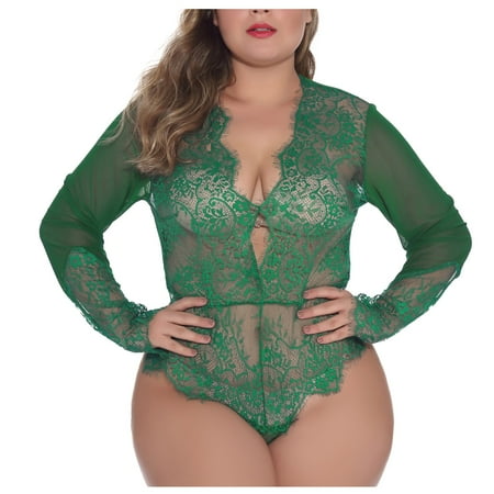 

Knosfe Women s Sleepwear Deep V Lace Teddy Lingerie Long Sleeve Babydoll Sexy Eyelash Bodysuit XXXXL