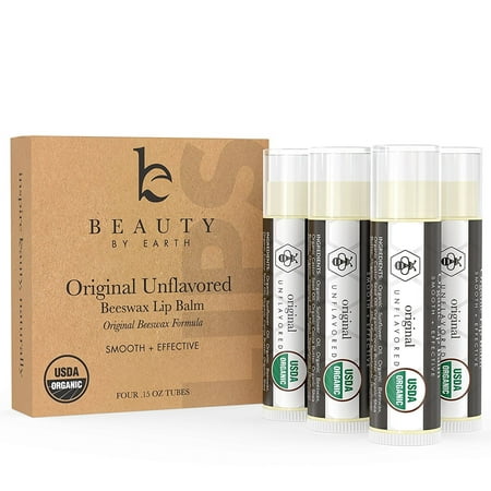 Lip Balm Organic (Original Unflavored) 4 Tube Pack ; Pure and Natural Beeswax Lip Butter with Aloe Vera, Vitamin E for a Clear Gloss; Moisturize, Repair Dry, Cracked or Chapped Lips, Made in (The Best Lip Balm For Dry Cracked Lips)