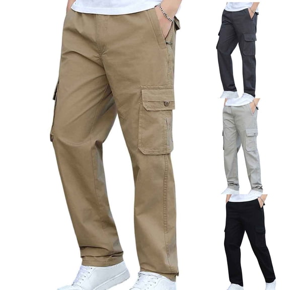 Puntoco Men's Solid Color Cargo Pants, Loose Straight‑Leg Pants Multi‑Pocket Casual Work Trousers with Flap Pockets for Outdoor Daily Wear Khaki XS