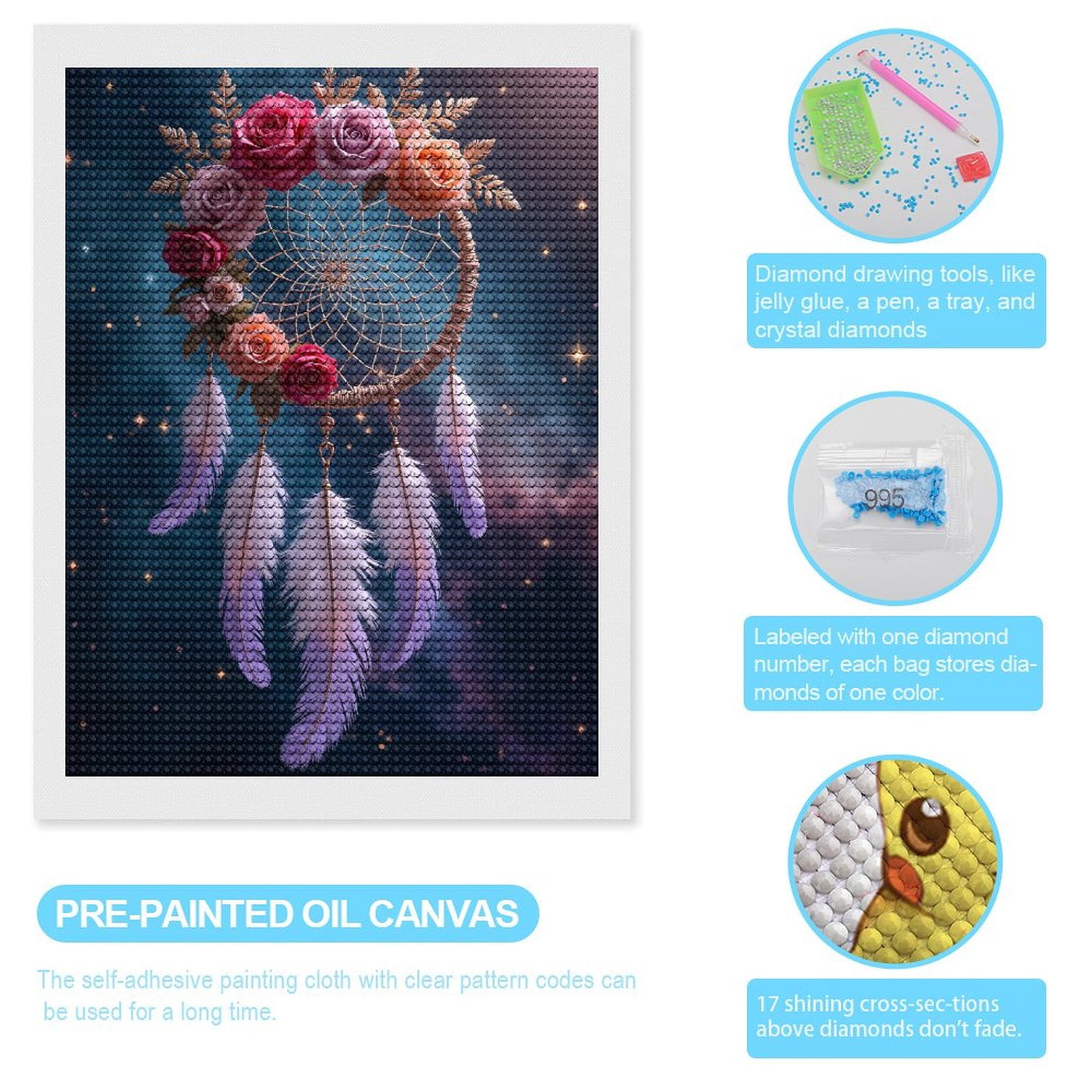 Diamond Art Kits for Adults, Dreamcatcher Flowers Feathers Night Sky 5D Diamond Painting Kits for Adults Beginners, DIY Full Drill Diamond Painting, Gem Art and Crafts 12x16