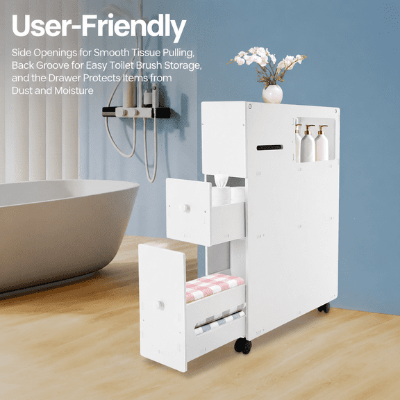 Toilet Slim Bathroom Storage Cabinet with Wheels,2 Drawers Narrow Floor Cabinets for Bathroom,White