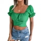 thumbnail image 1 of Blusa Informal de Verano con Cuello Cuadrado, Mangas y Hombros Descubiertos para Mujer, con Volantes y Lazo en la Espalda. Verde XL, 1 of 10