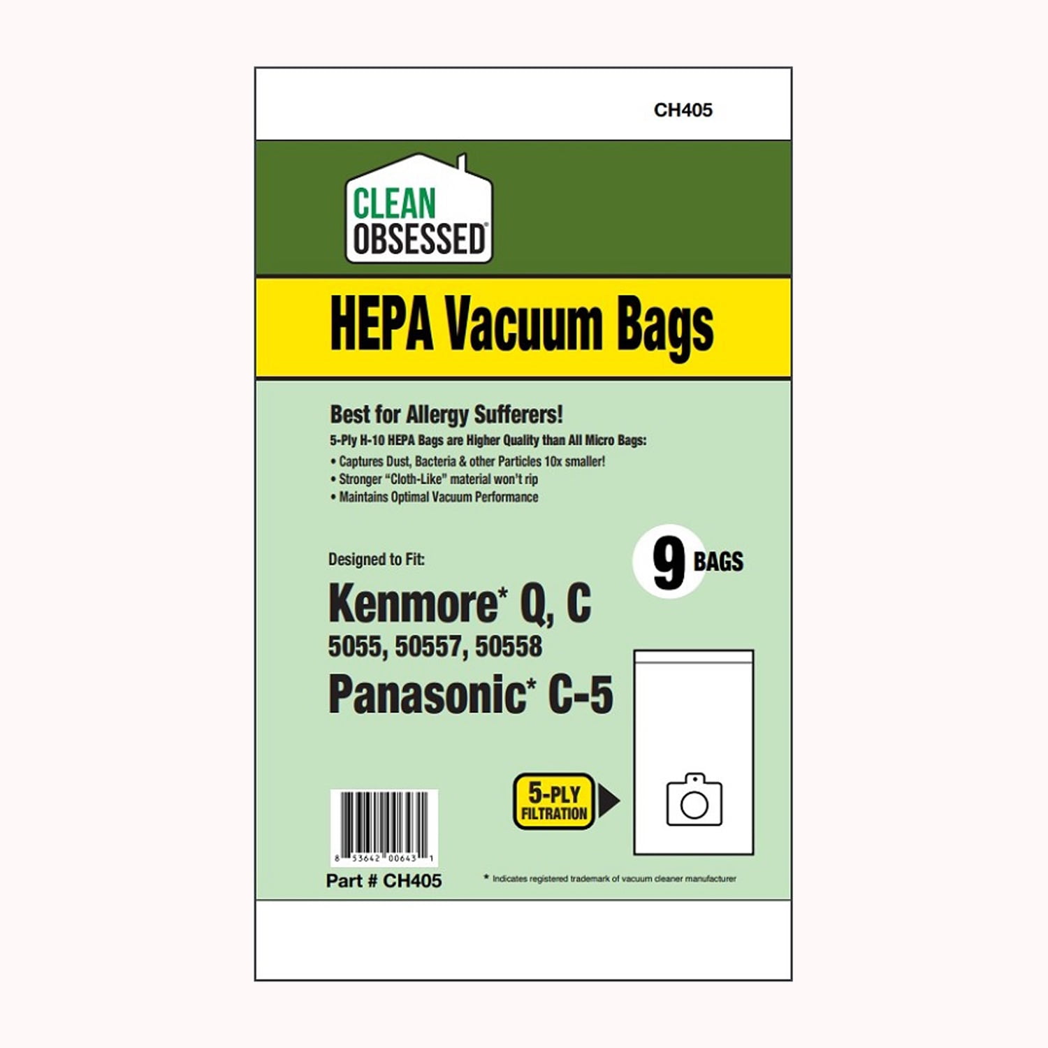 Clean Obsessed Type Q, C, 5055, 50558 Vacuum Hepa Bags 9pk, Replacement