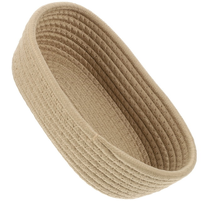 canasta de almacenamiento container de tejido de canasta tejida de algodón para libros de juguetes de fiesta caqui, vista 3/4 frontal de canasta ovalada tejida en algodón con costuras en espiral y borde enrollado, medidas 26x17x7.5 cm, textura de cuerda visible; ideal para organizar libros, juguetes o artículos de tocador y adecuada como cesta decorativa en mesas o estanterías.