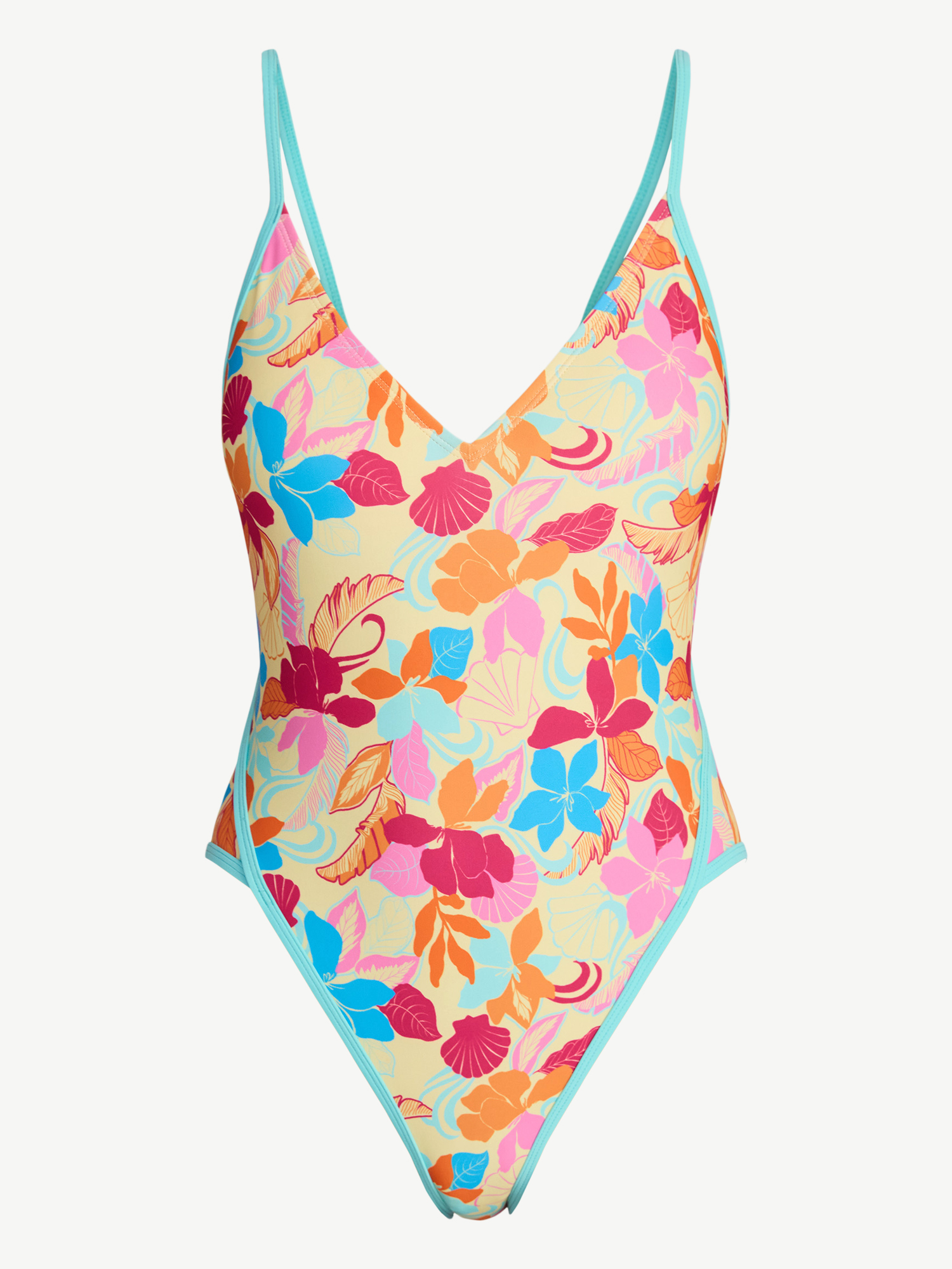 No Boundaries Bright Palms Binded One-Piece Swimsuit, Women's XXS-XXL