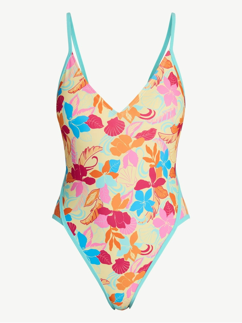 No Boundaries Bright Palms Binded One-Piece Swimsuit, Women's XXS