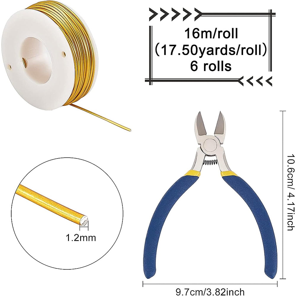 1Set Round Aluminum Wire with Iron Side Cutting Pliers Gold 17 Gauge 1.2mm 16m/roll 6 rolls