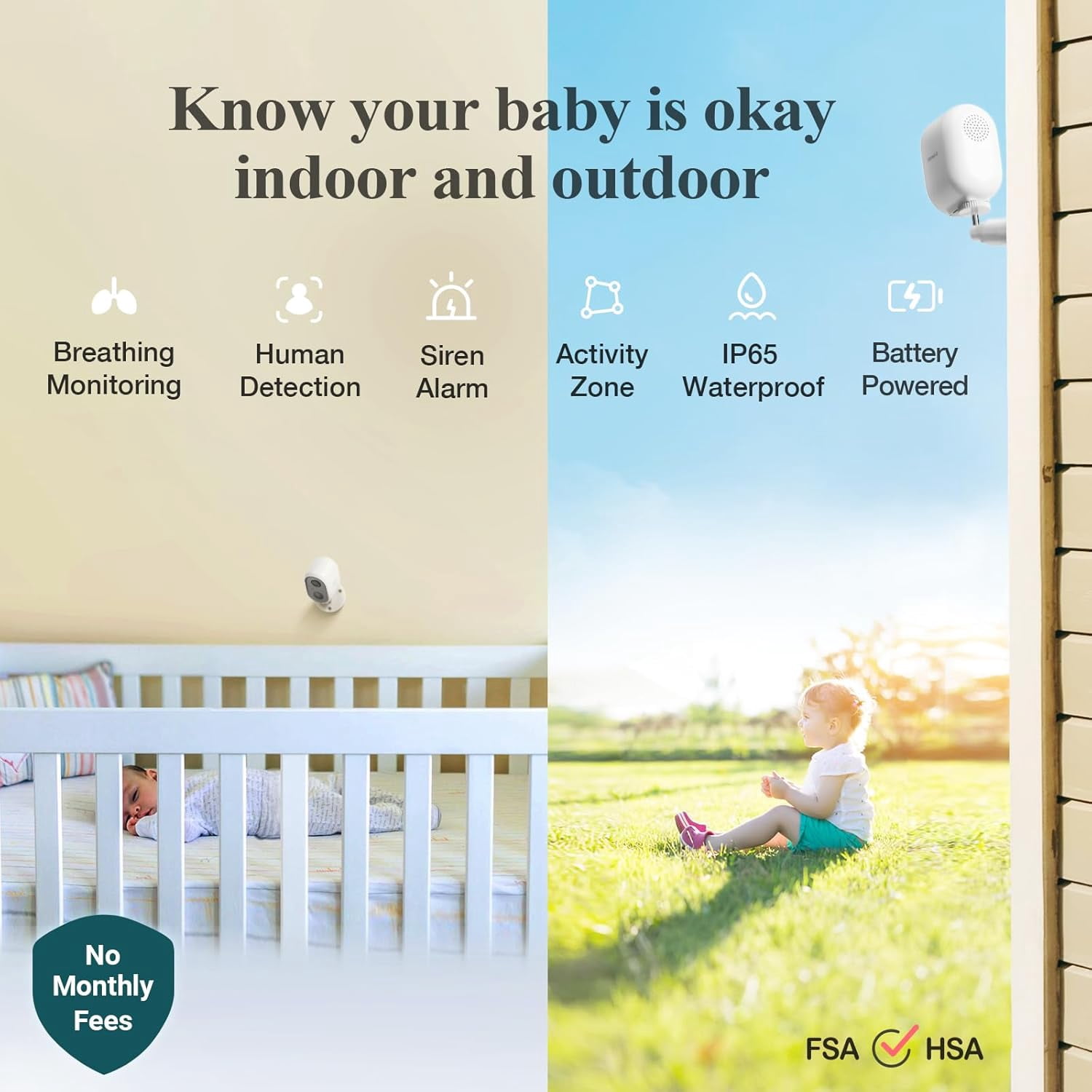 Sense-U Smart Battery Baby Monitor Security Camera, Indoor/Outdoor Use, AI Breathing Detection, 1080p Video Monitor, Wireless Camera, 2-Way Audio, No Monthly Fee